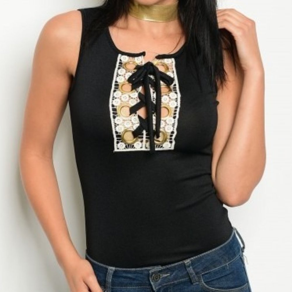 Black Bodysuit with Gold grommet laceup